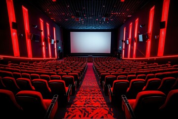 Fototapeta premium Empty Movie Theater Seats with Red Accents and a Blank Screen