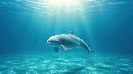 Obraz premium A serene dolphin gracefully swims through crystal-clear ocean waters, illuminated by radiant sunlight streaming from above.
