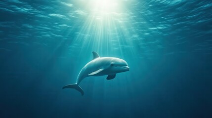 Obraz premium A serene underwater scene featuring a graceful dolphin swimming beneath sunlit waters, showcasing natural beauty and tranquility.