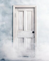 A foggy, barely visible door with ghostly patterns, shrouded in mist, inviting intrigue and mystery