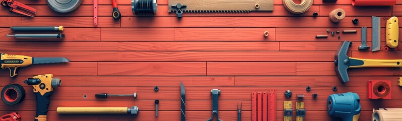 Many different tools on a wooden surface, banner, copy space