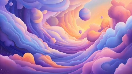 Surreal landscape with vibrant clouds and celestial bodies at dusk.