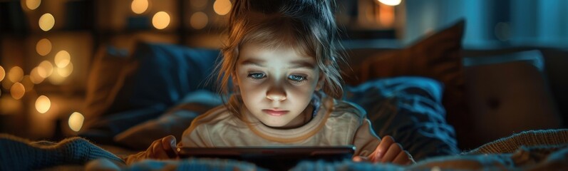 Little girl that is looking at a tablet, banner, copy space