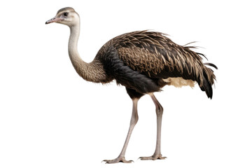 Full body ostrich, standing still, isolated against a pure white backdrop, capturing every feather detail, sharp focus on the sparse plumage, feet firmly planted, body oriented in serene stillness