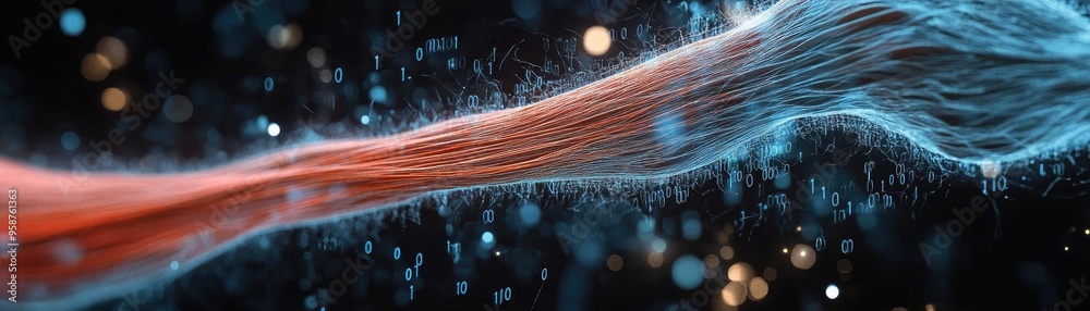 Poster Dynamic abstract image featuring flowing strands of color with glowing particles, creating a vivid and energetic visual experience.