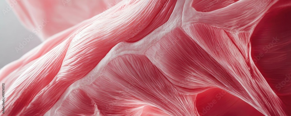 Poster close-up view of muscular structure showcasing intricate fibers and textures in pink tones.