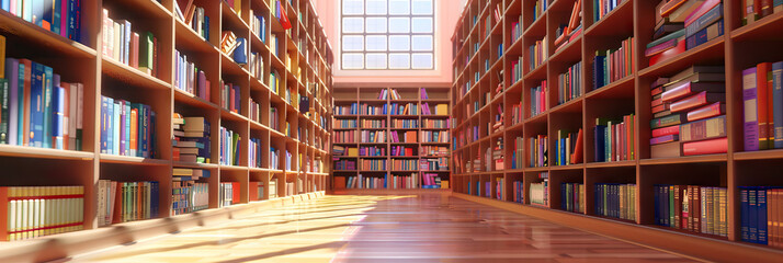 Obraz premium Learning Labyrinth: Aisles of bookshelves packed with educational tomes, leading to a cozy reading nook.