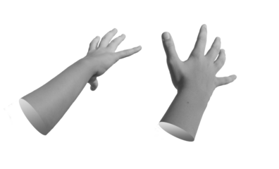 Kids hand in virtual reality VR perspective, reaching out with open palm as if grabbing or catching something, isolated on white background.