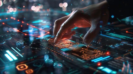 A hand hovers over a futuristic interface with glowing lines and icons, showcasing the power of technology.