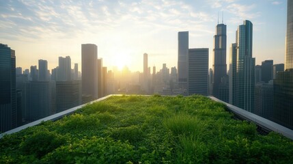 Fototapeta premium A stunning rooftop garden with lush greenery against a city skyline at sunrise, showcasing urban biodiversity and sustainable living.