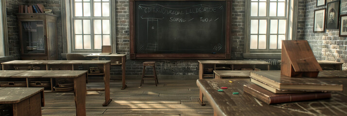 An antique classroom featuring an old blackboard, vintage chalk, and worn wooden desks.