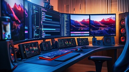 Professional editing station with multiple screens footage timelines and color grading tools