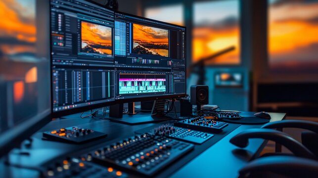 Film editor's desk with multiple monitors displaying editing software footage clips and color correction tools