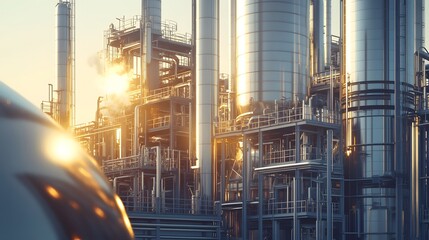 Naklejka premium A closeup of a modern oil refinery with shiny stainless steel tanks, advanced petrochemical processing units, and steam rising from the cooling towers