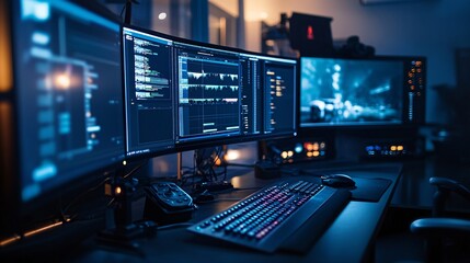 Film editing room with multiple monitors displaying editing software and footage clips in a dimly lit professional environment