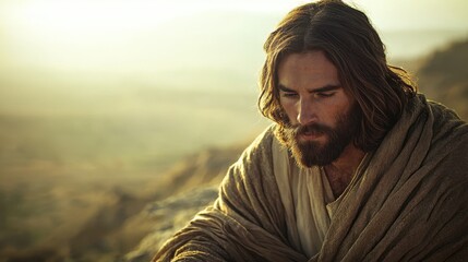 Tranquil Moment of Reflection - Jesus on the Mount with Serene Landscape and Gentle Breeze