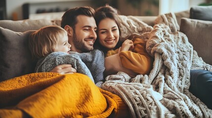 Family Huddled Together on Couch Watching Thanksgiving Parade