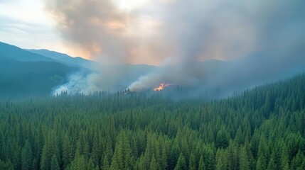 Fototapeta premium Aerial view of a forest fire affecting green pine trees under a smoky sky, highlighting nature's vulnerability to wildfires.