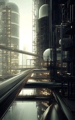 A futuristic petrochemical refinery with state-of-the-art storage tanks, automated systems, and advanced technology, set in a high-tech industrial environment