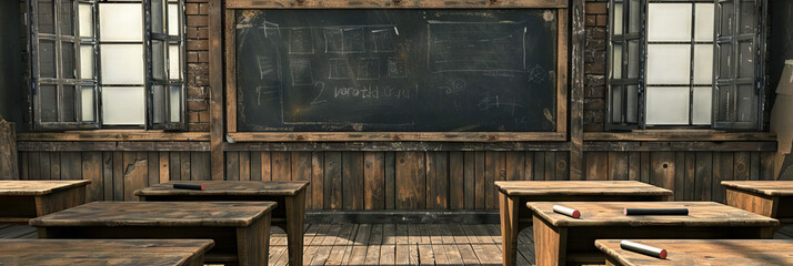 An antique classroom featuring an old blackboard, vintage chalk, and worn wooden desks.