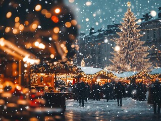 An enchanting winter evening at a Christmas market with ornate, fairytale inspired decorations, a large, sparkling Christmas tree, and gentle snowfall