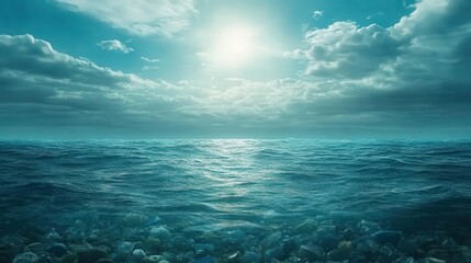 Naklejka premium A serene ocean scene with gentle waves under a bright sun and dramatic clouds, evoking peace and tranquility.