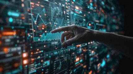 Hand interacting with a digital display with data visualizations and graphs.