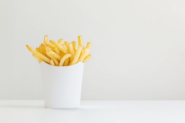 Close-up of crispy French fries in a white container, simple and clean background, minimalist presentation, perfect snack, golden fries, popular fast food item, selective focus

