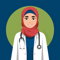 Illustration of a young female doctor wearing a hijab and a white coat