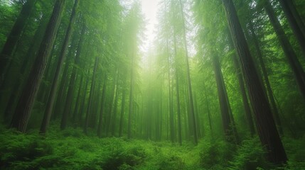 Obraz premium Serene forest landscape filled with tall trees and lush greenery, creating a tranquil and peaceful atmosphere.