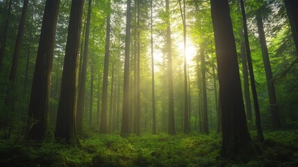 Fototapeta premium A serene forest scene with tall trees and sunlight filtering through the canopy, creating a peaceful and calming atmosphere.