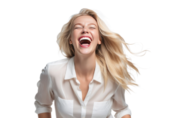 Smiling blond woman, perceived to be trendy and joyous, captured mid-laughter, screams echoing happiness, set against an isolated white or transparent backdrop for a stock photograph