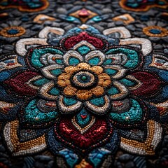 Close-up of a detailed beaded mandala design featuring vibrant colors and intricate patterns, showcasing traditional craftsmanship and artistic expression.