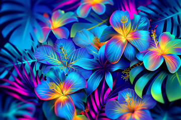 Fototapeta premium Abstract neon blue background. Glowing floral art. Luminous tropical flowers and leaves