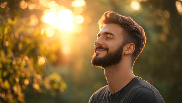 Portrait of a young man taking deep breath fresh air with copy space. Relaxation and well-being concept