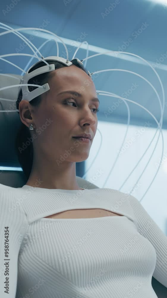 Poster Vertical Screen. Patient Engages in a Neurotechnology Procedure Within a High-tech Medical Environment, Wearing a Neural Headset. Advancements in Cognitive Enhancement and Brain-computer Interfaces.