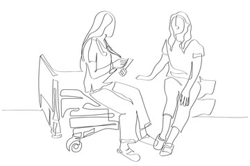 hand drawn line art vector of women in hospital bed with a nurse.