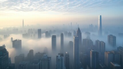 Fototapeta premium Aerial view of a city skyline shrouded in mist during sunrise, showcasing skyscrapers emerging through the fog.