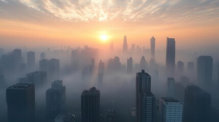 Fototapeta premium Breathtaking cityscape at sunrise, featuring skyscrapers shrouded in mist, creating a serene and atmospheric view.
