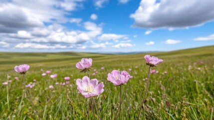Obraz premium A field of pink flowers in the middle of a green grassy area, AI
