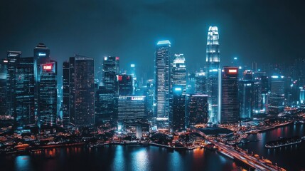 Naklejka premium Nighttime Cityscape with Illuminated Skyscrapers
