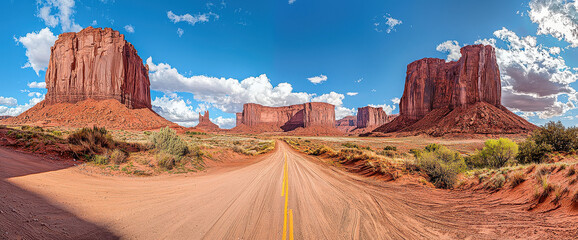 A panoramic view of an open road running through Monument Valley, featuring the iconic red rock structures under a bright blue sky, capturing the majesty of the American Southwest.