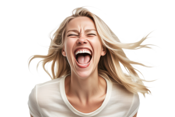Smiling blond woman, perceived to be trendy and joyous, captured mid-laughter, screams echoing happiness, set against an isolated white or transparent backdrop for a stock photograph