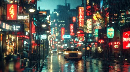 Rainy Night in a Neon-Lit Asian City