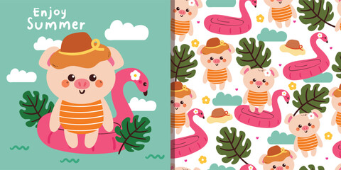 card and pattern of cartoon pig with summer vibes and stuff. cute summer card and wallpaper for fabric print, gift wrap paper