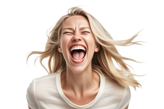 Smiling blond woman, perceived to be trendy and joyous, captured mid-laughter, screams echoing happiness, set against an isolated white or transparent backdrop for a stock photograph