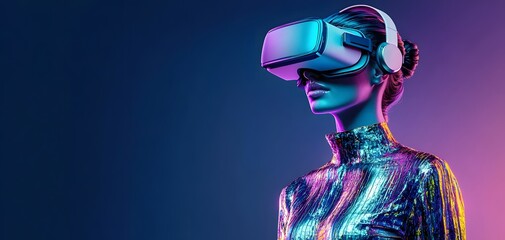 A futuristic woman wearing a VR headset, surrounded by vibrant colors, embodying the essence of virtual reality technology.