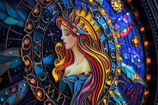 A vibrant stained glass artwork featuring a female figure surrounded by zodiac symbols, capturing an ethereal and celestial essence. Perfect for astrological, spiritual, and artistic themes.