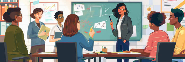 A group of teachers brainstorming lesson plans and discussing student progress.