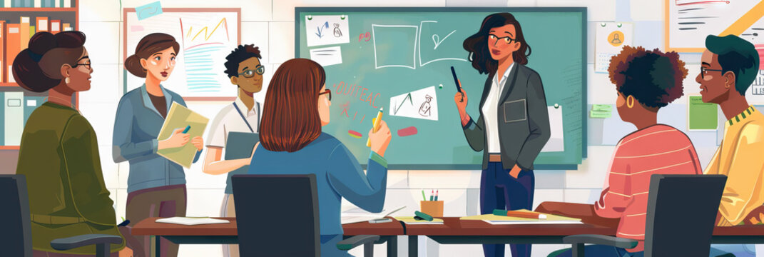 A group of teachers brainstorming lesson plans and discussing student progress.